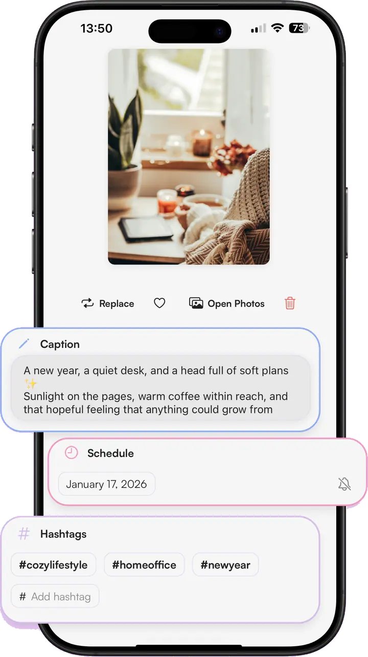 A planned post in Lumee showing its photo, caption, scheduled date and hashtag set together on one screen.
