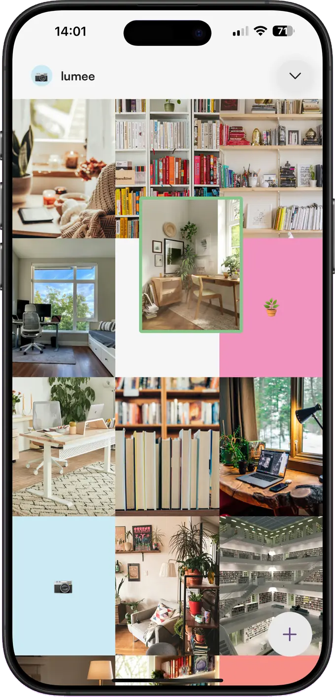 A post being dragged to a new position in the Lumee grid, with the surrounding photos shifting to make room.