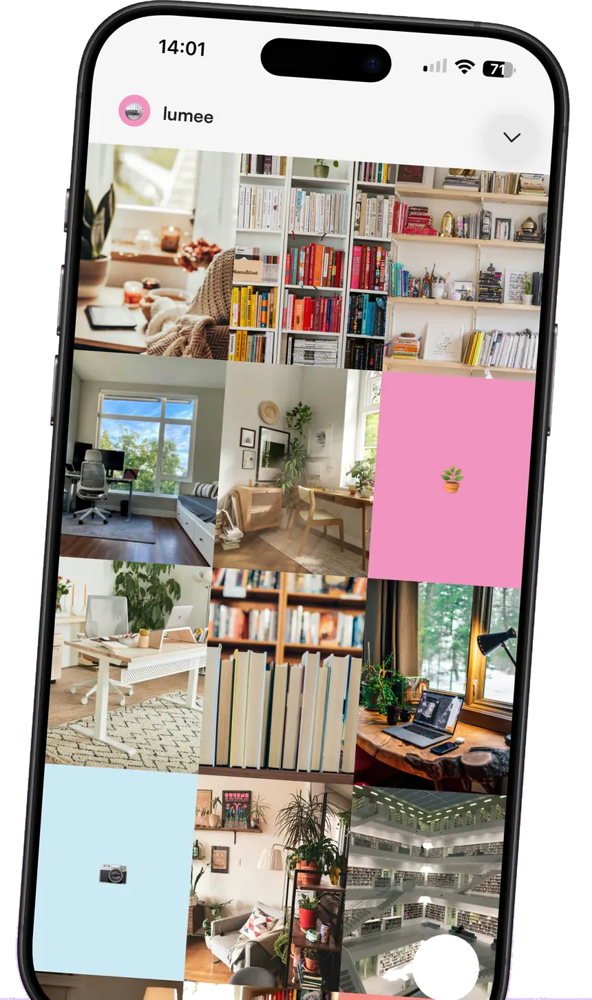 Lumee open on an iPhone, showing a planned Instagram grid of nine photos with two coloured placeholders among them.