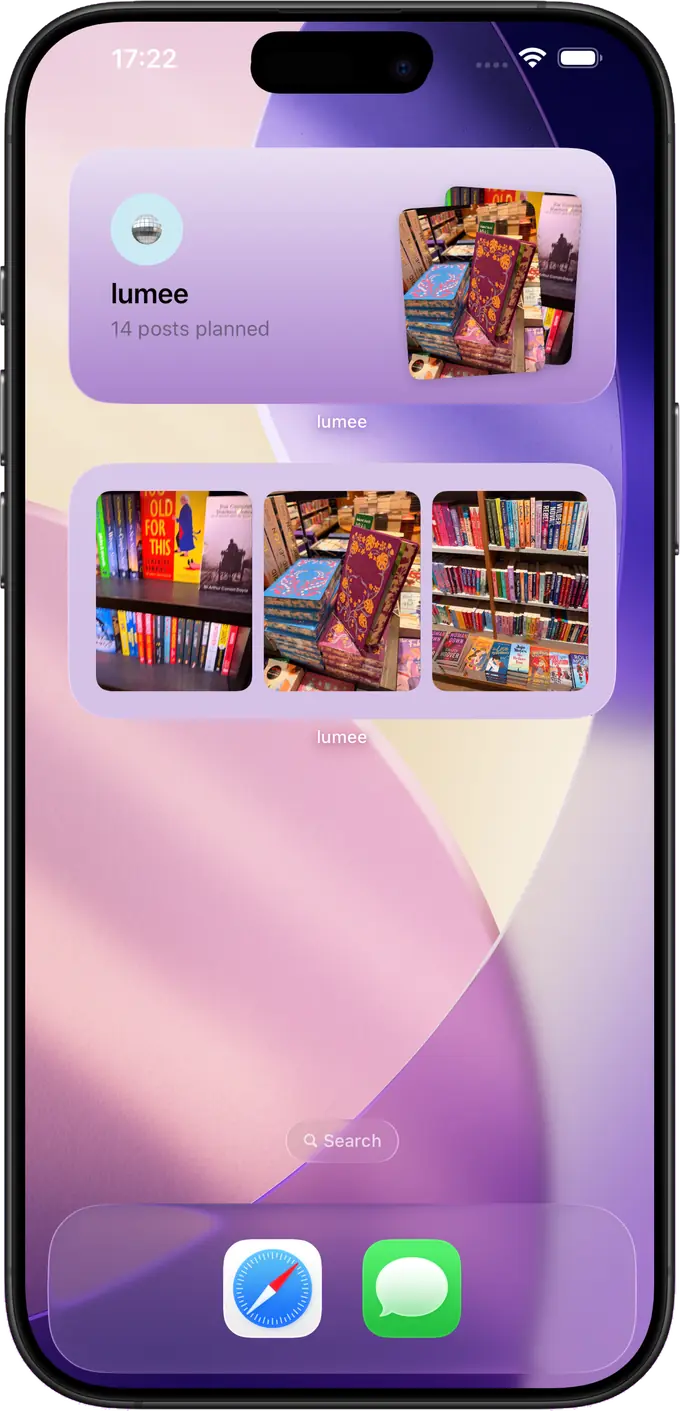 Two Lumee home-screen widgets on iOS, one showing the number of posts planned and one showing the next three photos.