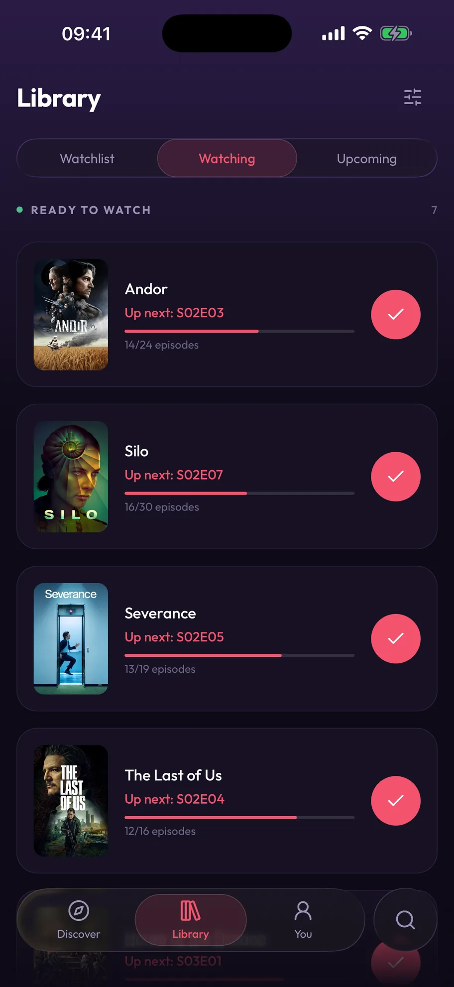 The Watching filter under a “Ready to watch” heading, listing Andor, Silo, Severance and The Last of Us with the next episode and a progress bar on each.