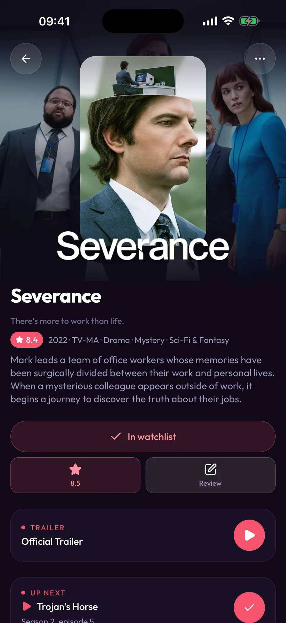 Moviest open on an iPhone at the page for Severance, showing the artwork, a rating of 8.4, the synopsis, an “In watchlist” button and the trailer.