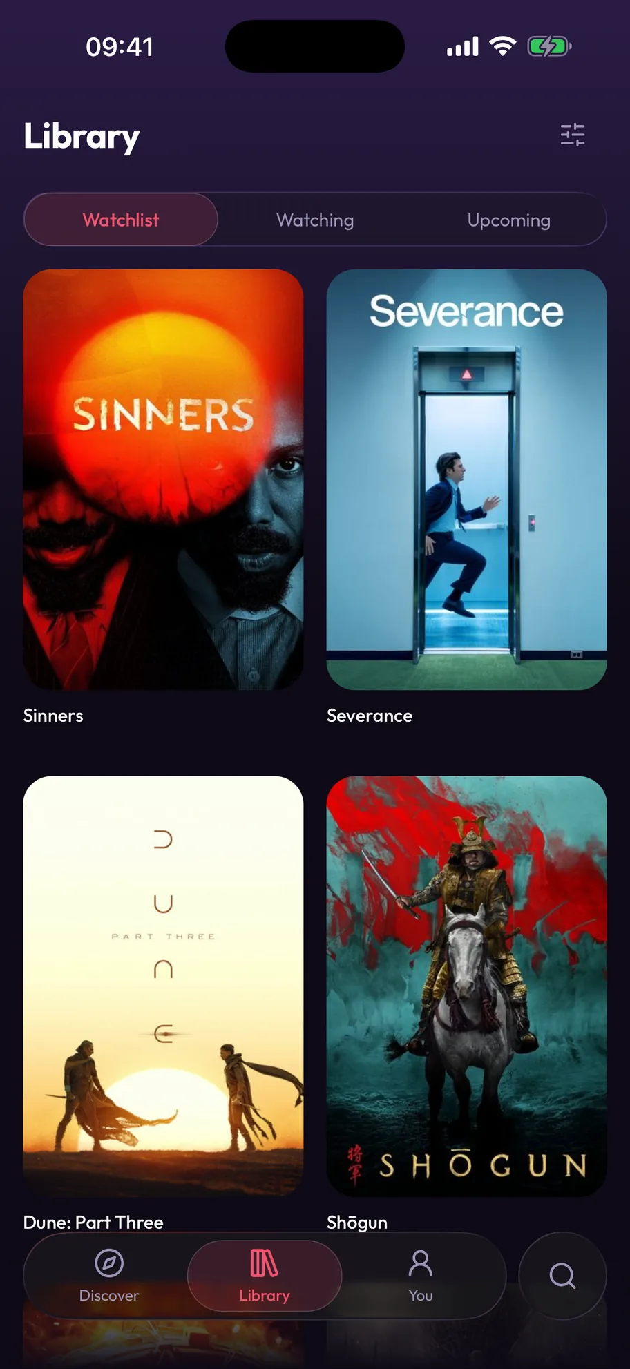The Library tab on the Watchlist filter, showing a grid of posters — Sinners, Severance, Dune: Part Three and Shōgun — films and series side by side.