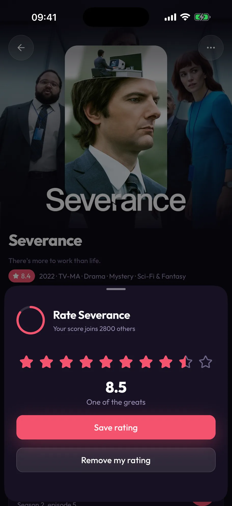 The rating sheet open over the Severance page: a row of stars set to eight and a half, a score of 8.5 labelled “One of the greats”, and a Save rating button.